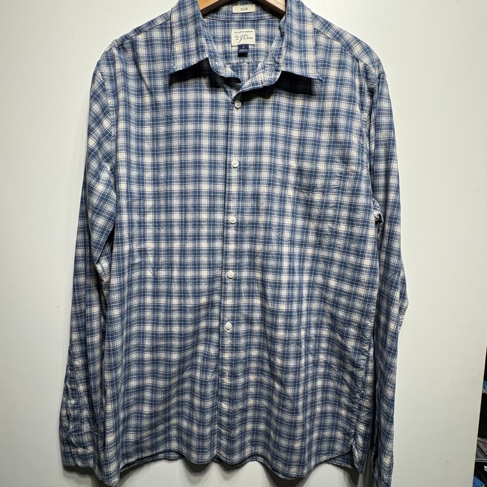 J.Crew Slim Fit Button Down Mens L Blue White Plaid 100% Cotton Long Sleeve